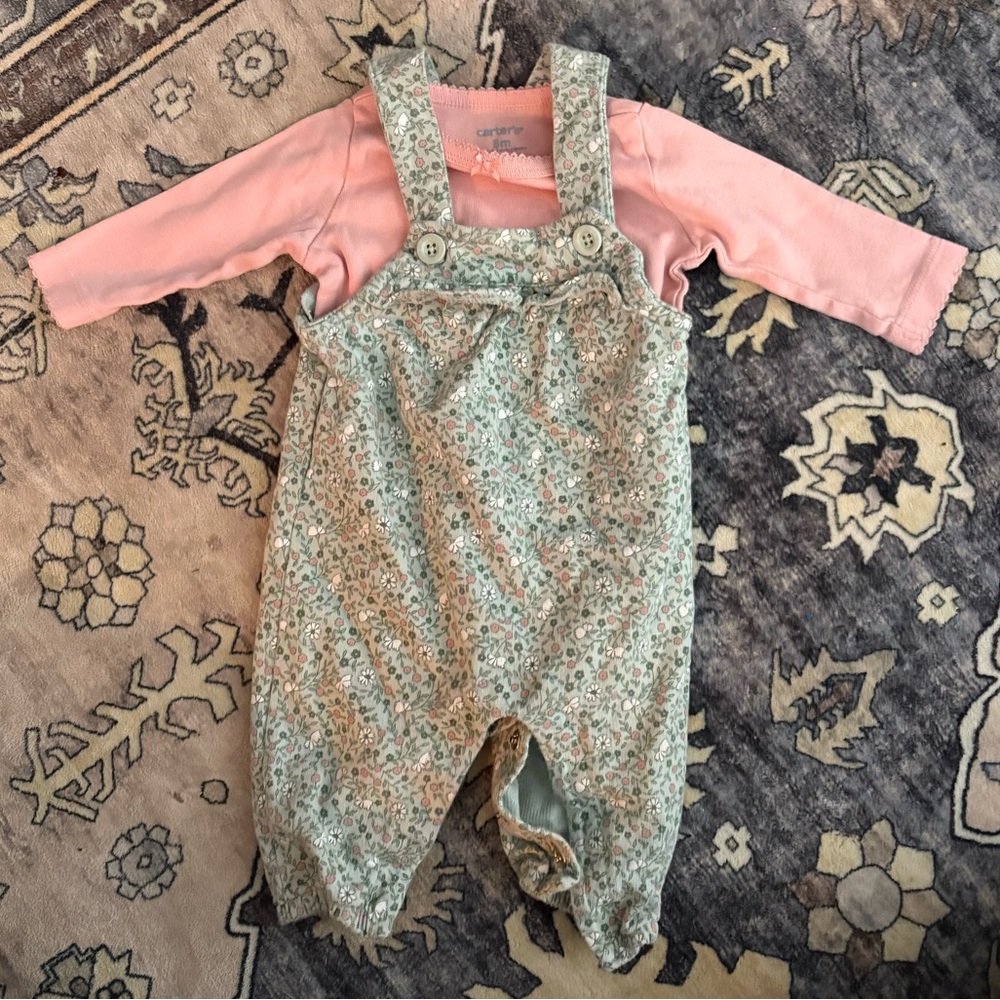 🌼 3/$20 Carter's Floral Overalls with Pink Top Size 3 months Baby Girl